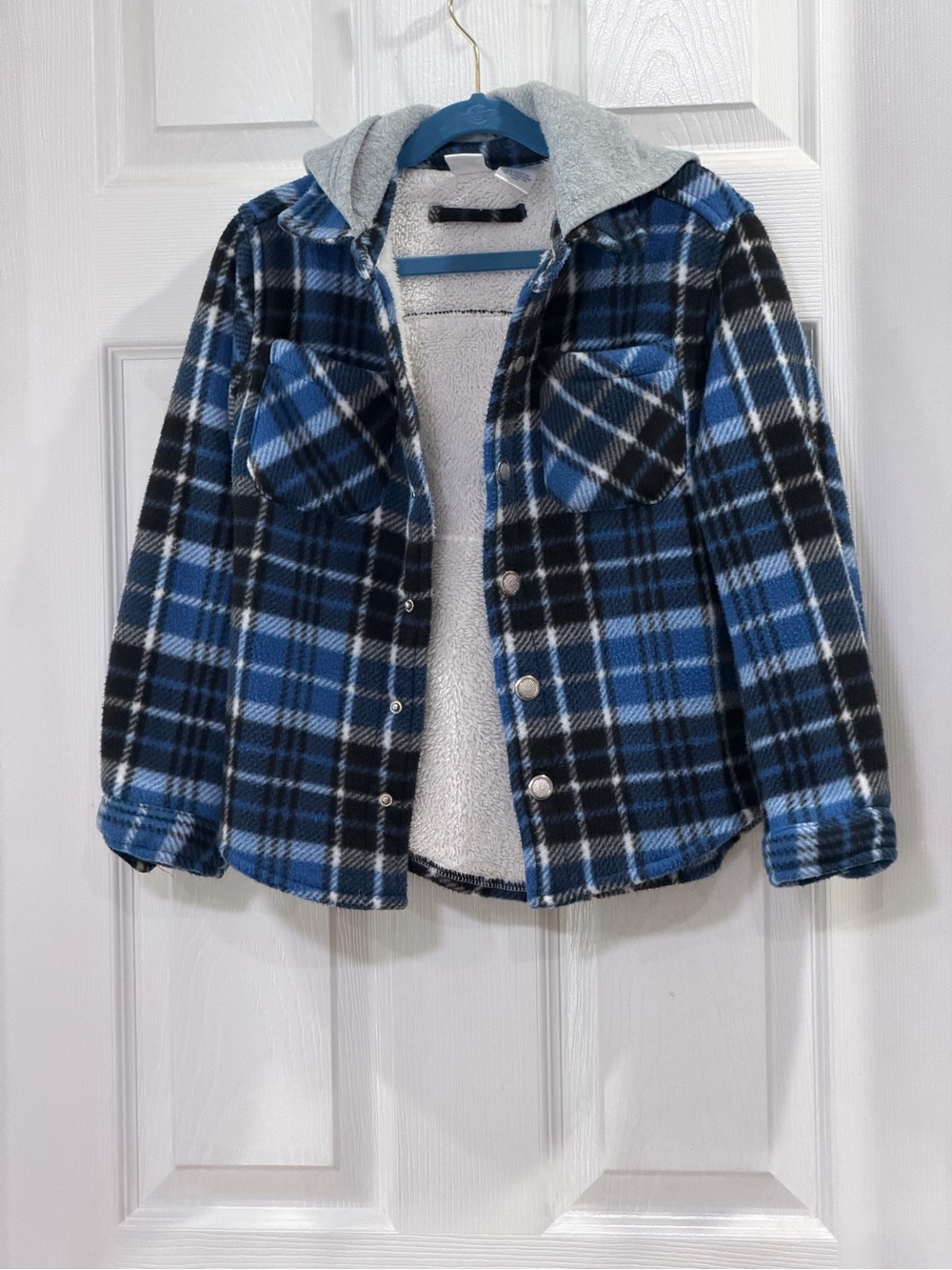 Highland Originals Blue & Black Plaid Sherpa-Lined Hooded Shacket.